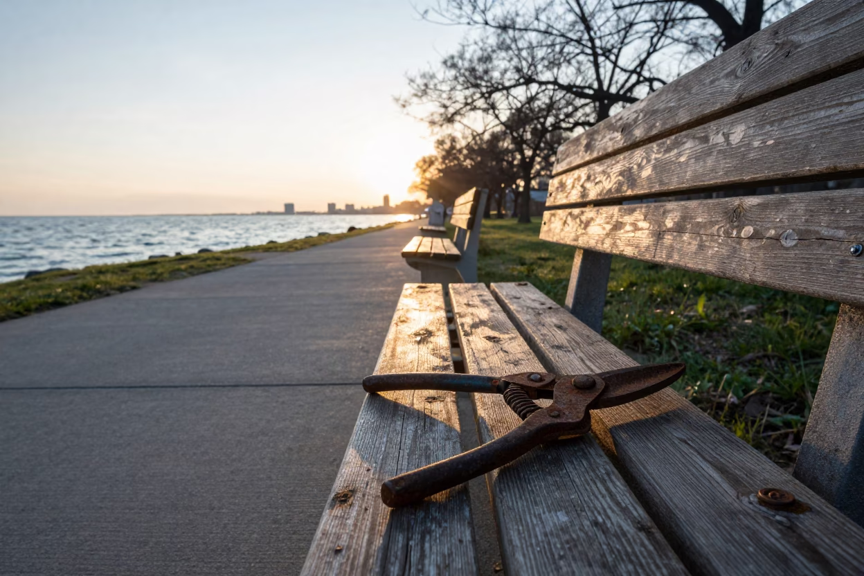 Chicago Lakefront Trail Morning Light with Pruning Shears and Urban Greenery in in Chicago, Illinois, United States