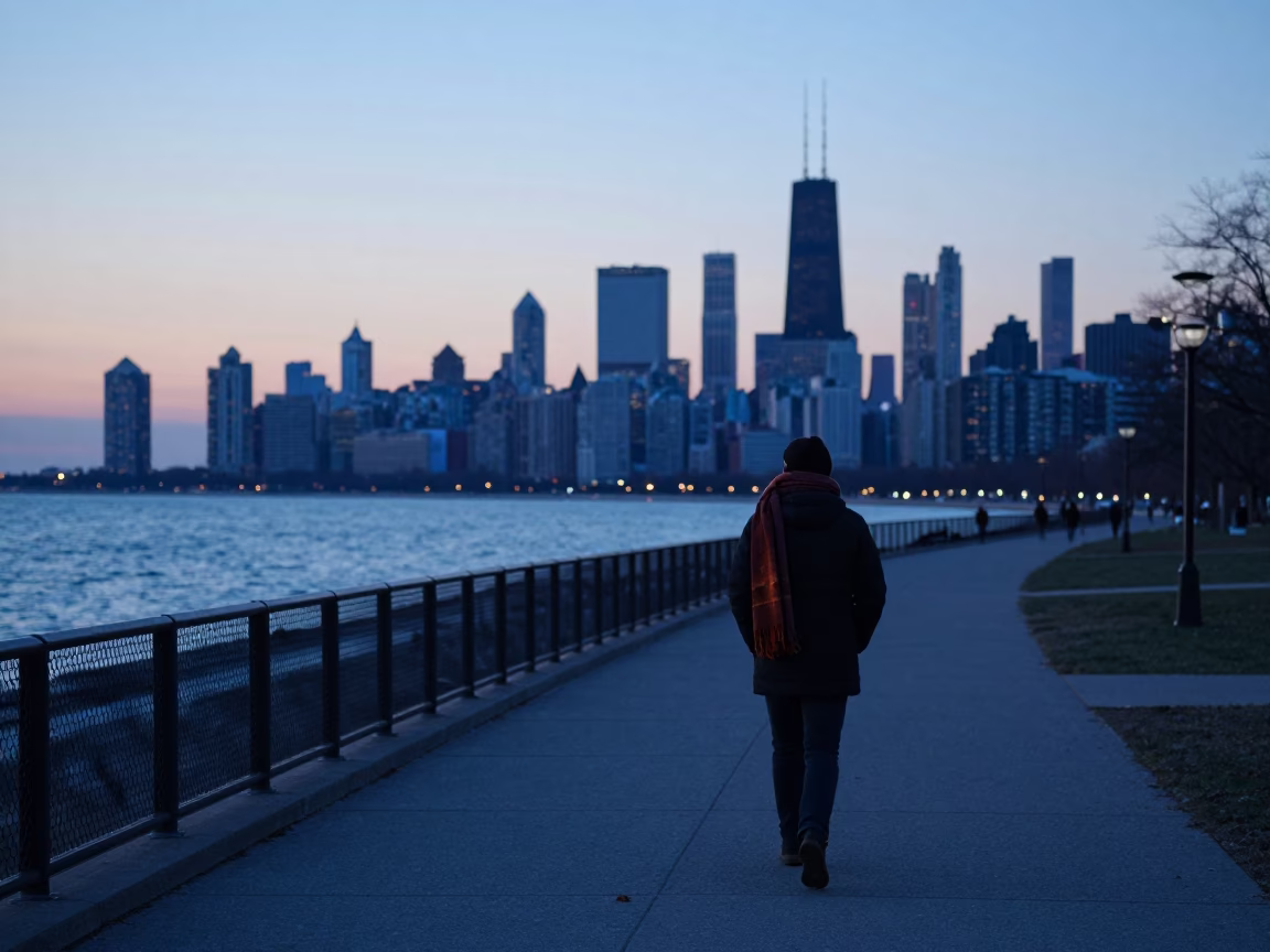 Chicago Lakefront Trail Pre-Dawn Walk with Scarf and Rusty Wall in in Chicago, Illinois, United States