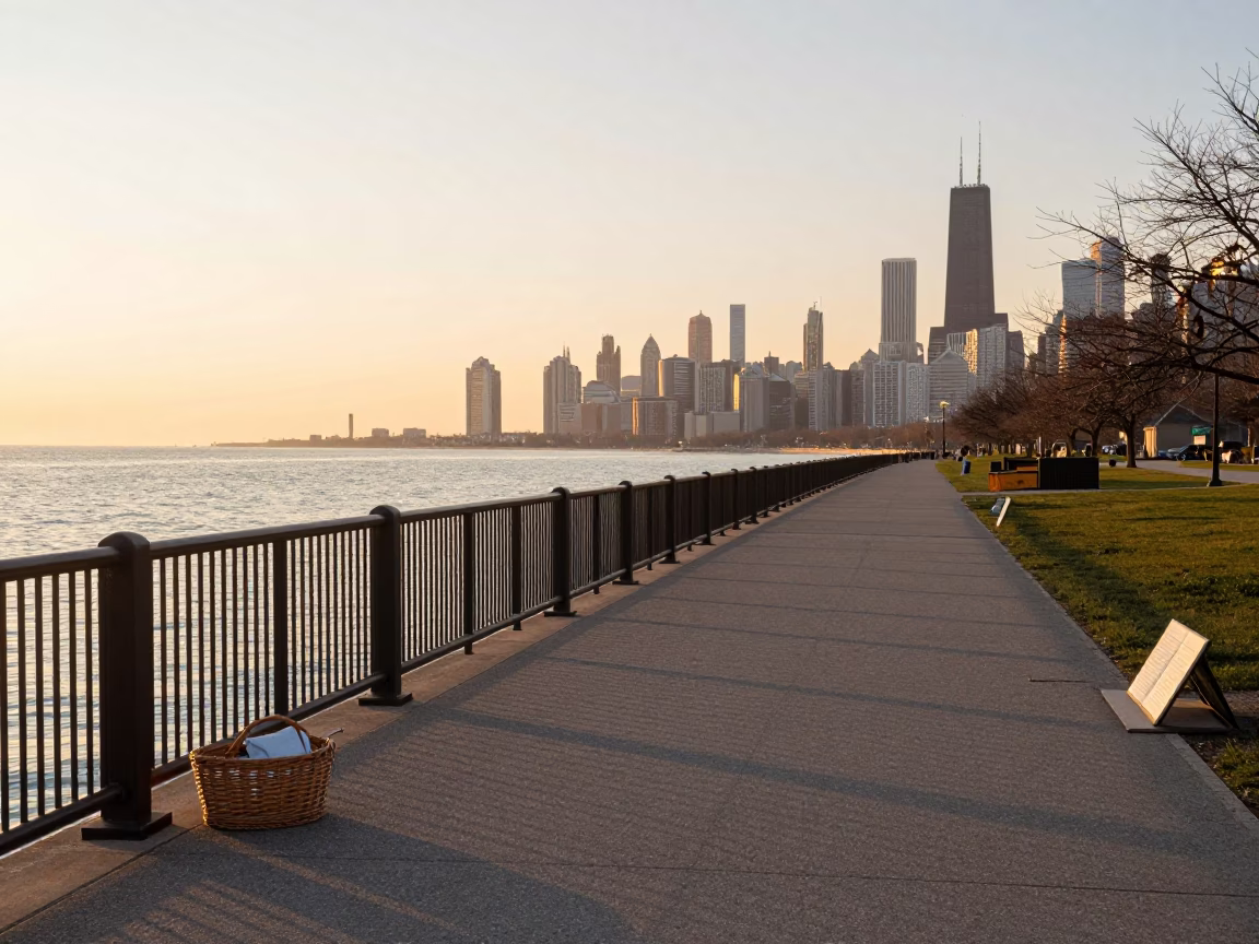 Chicago Lakefront Trail Sunrise with Mending Basket and Bookend at Diverse Abundance in in Chicago, Illinois, United States