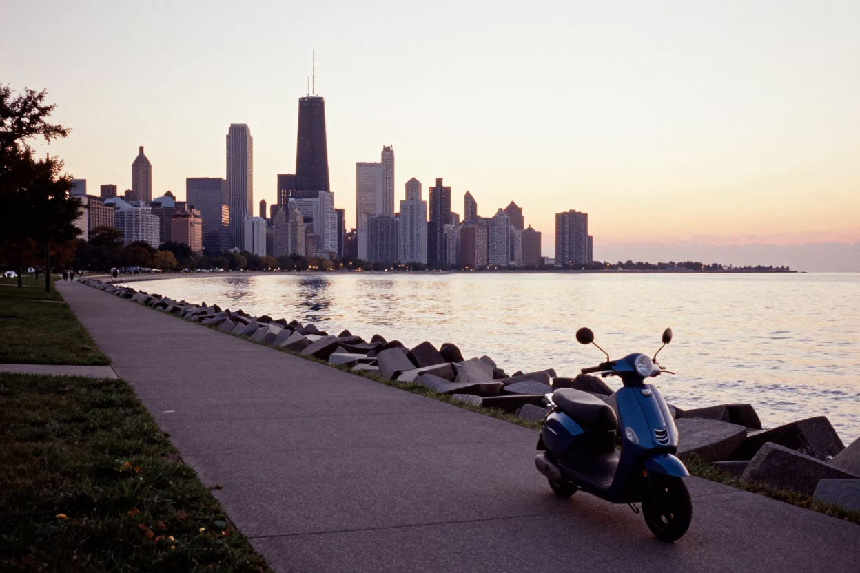 Chicago Lakefront Trail Sunrise with Scooter and Harbor Breakwater View in in Chicago, Illinois, United States