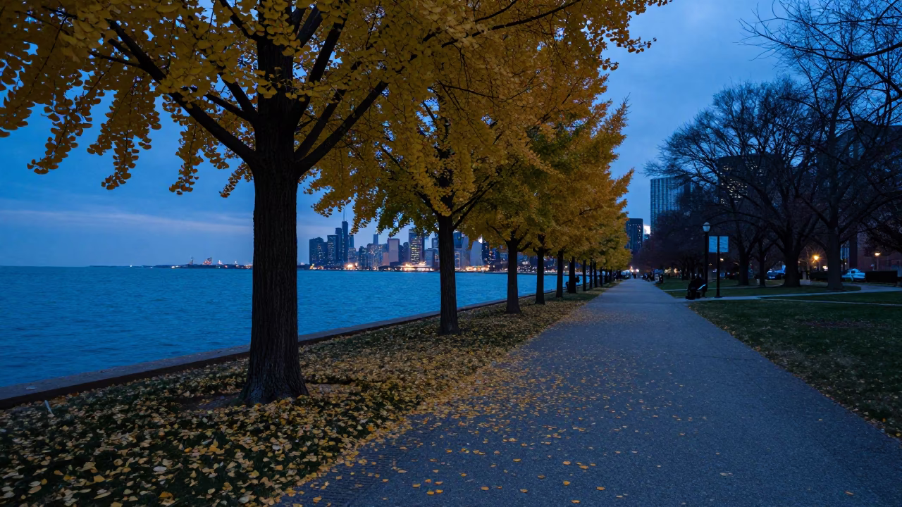 Chicago Lakefront Trail Twilight Ginkgo Leaves Falling on Paved Path in in Chicago, Illinois, United States