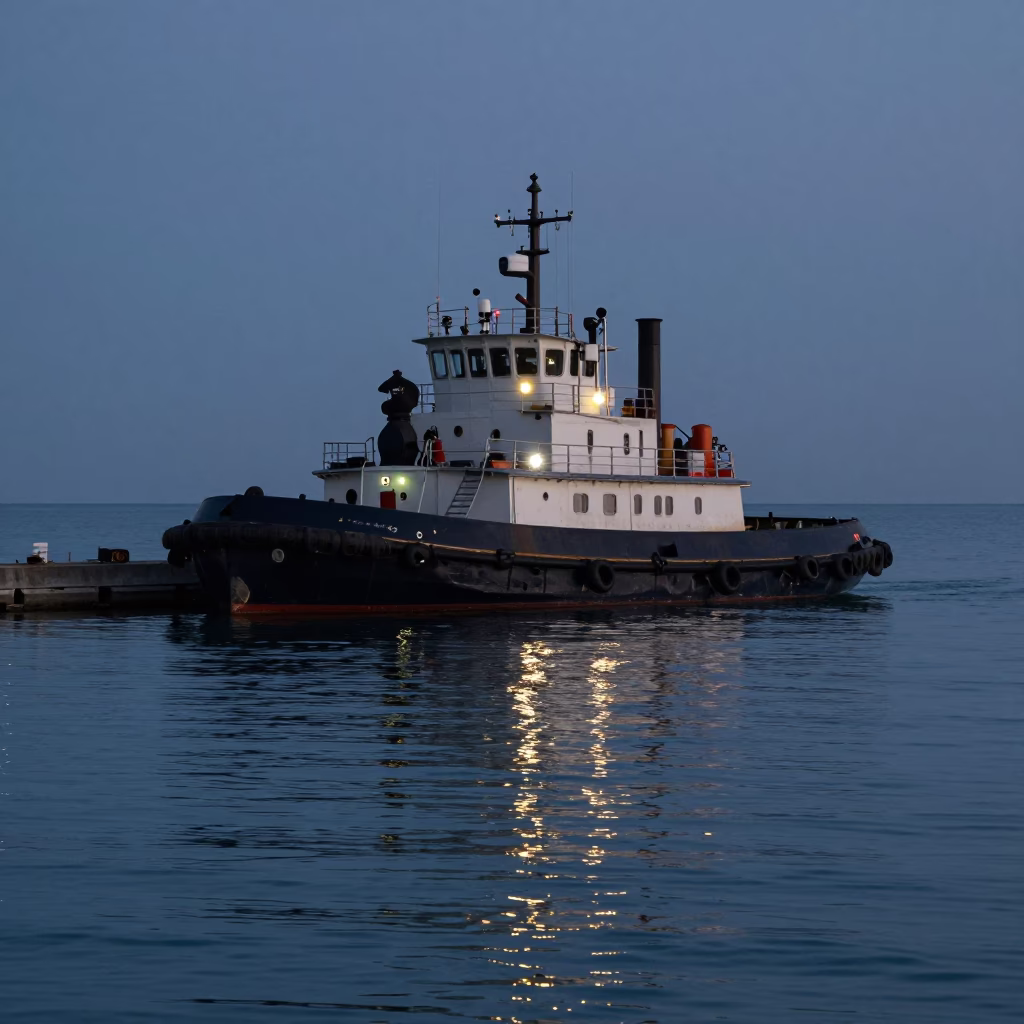 Chicago Lakefront Tugboat Harbor Predawn Steel and Water Reflections in in Chicago, Illinois, United States
