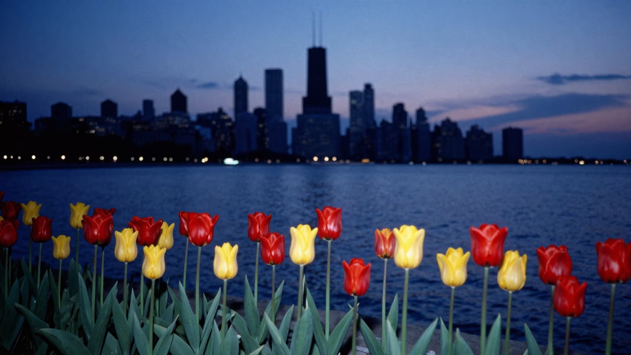 Chicago Lakefront Twilight Scene with Red and Yellow Tulips Near Marina in in Chicago, Illinois, United States