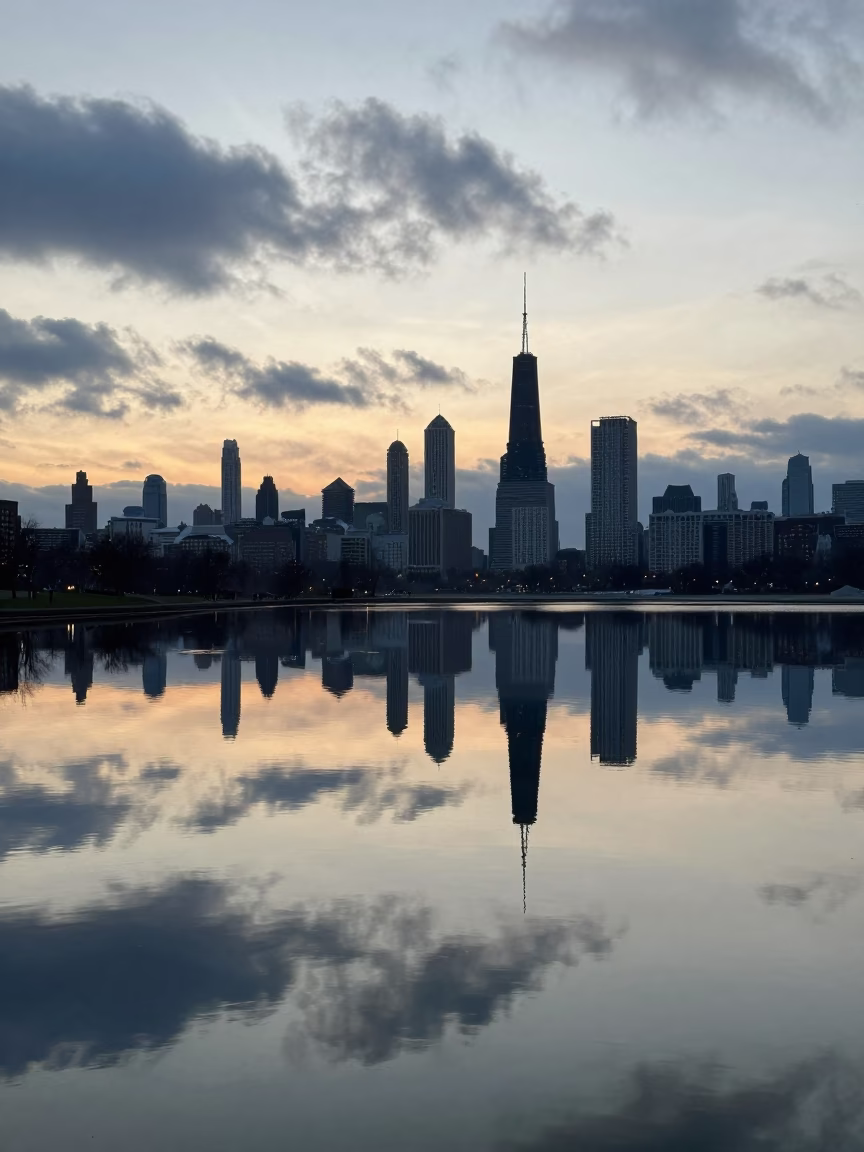 Chicago Lakefront Water Treatment Basin Reflections Before Sunrise in in Chicago, Illinois, United States