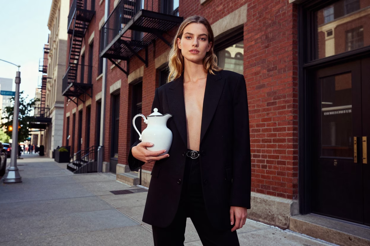 Chicago Late Afternoon Fashion Portrait with Enamel Pitcher and Glass Cabinet Detail in in Chicago, Illinois, United States