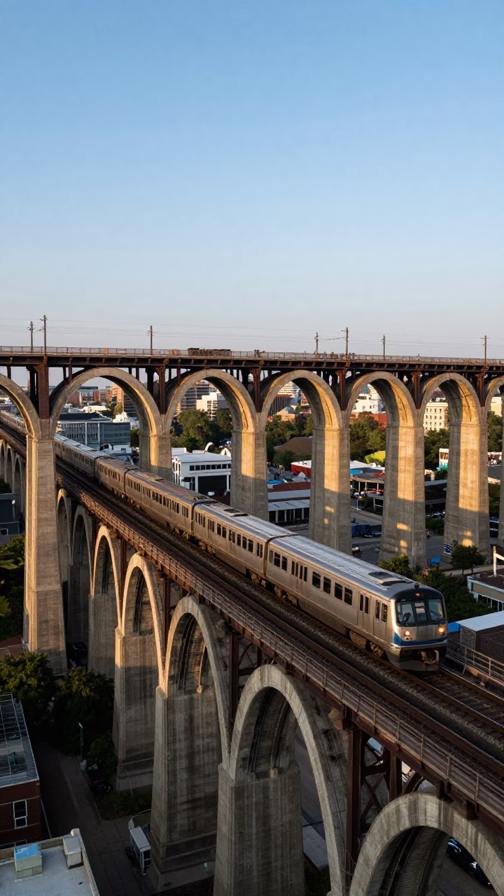 Chicago Late Afternoon Railway Viaduct Arches Passing Train Clear Sky in in Chicago, Illinois, United States