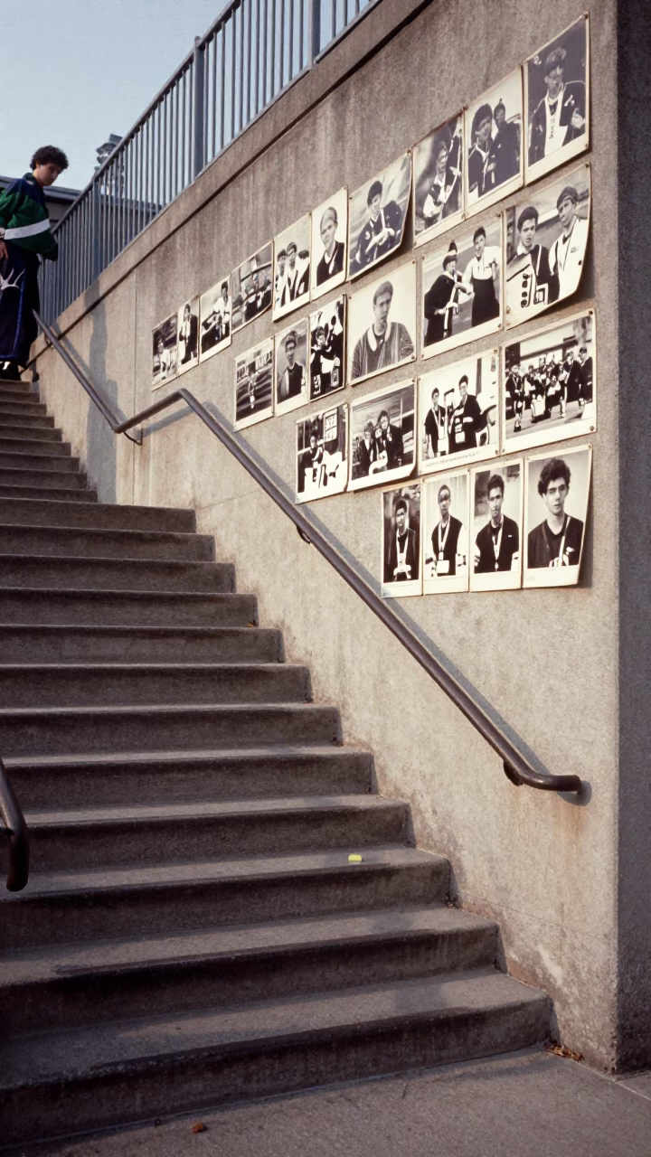 Chicago Late Afternoon School Staircase Faded Championship Photos and Hand Broom in in Chicago, Illinois, United States