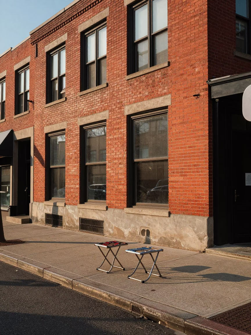 Chicago Late Afternoon Street Scene with Folding Stools and Brick Architecture in in Chicago, Illinois, United States