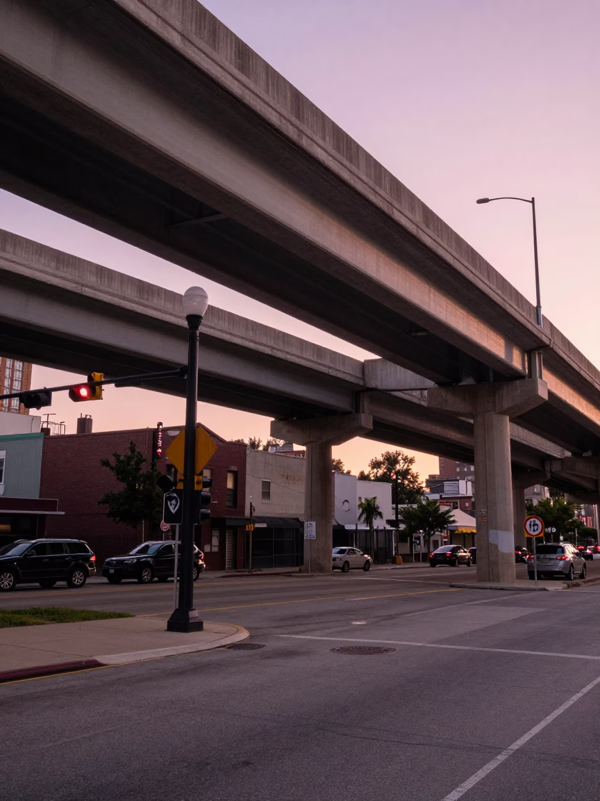 Chicago Late Afternoon Street Scene with Highway Flyover and Urban Apartment Blocks in in Chicago, Illinois, United States