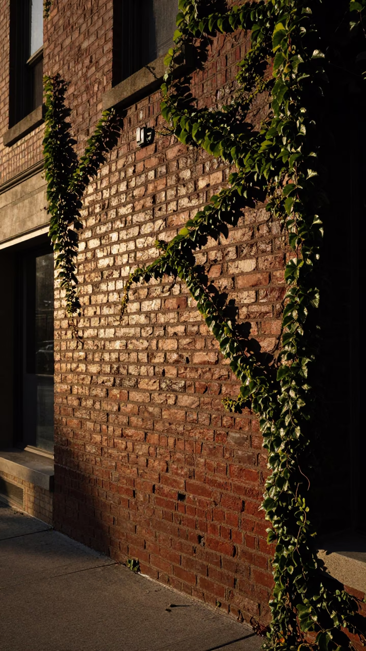 Chicago Late Afternoon Street Scene with Ivy Brick Wall and Heritage Tram in in Chicago, Illinois, United States