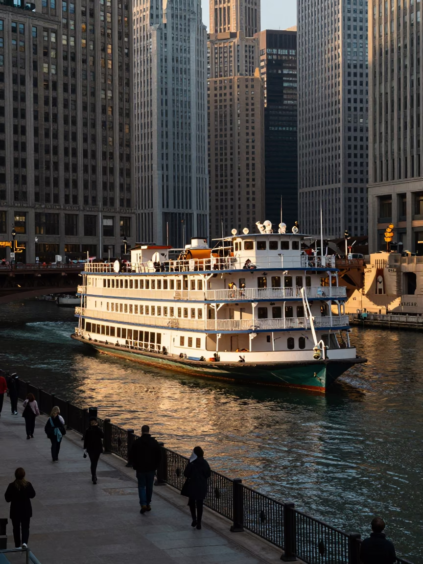 Chicago Late Afternoon Street Scene with Paddlewheel Steamboat and Urban Architecture in in Chicago, Illinois, United States