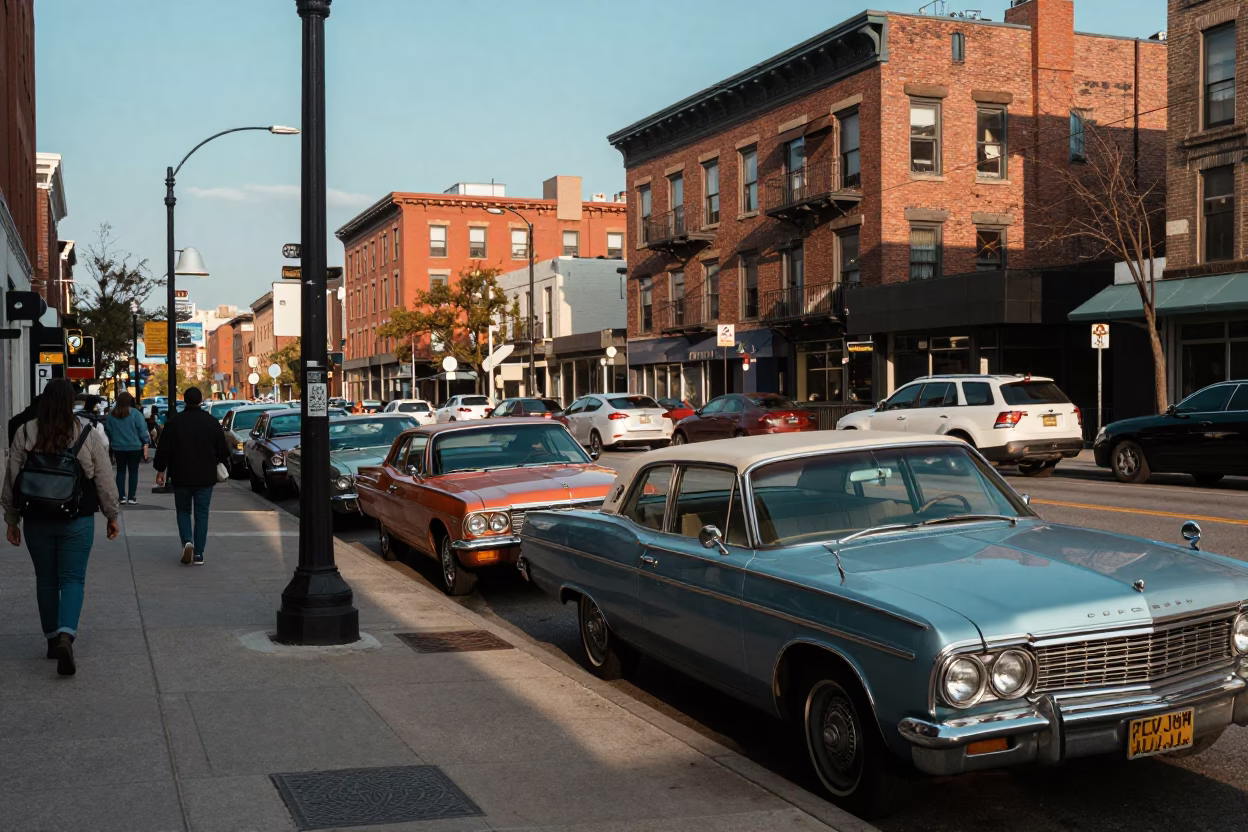 Chicago Late Afternoon Street Scene with Vintage 1970s Aesthetic and Urban Details in in Chicago, Illinois, United States