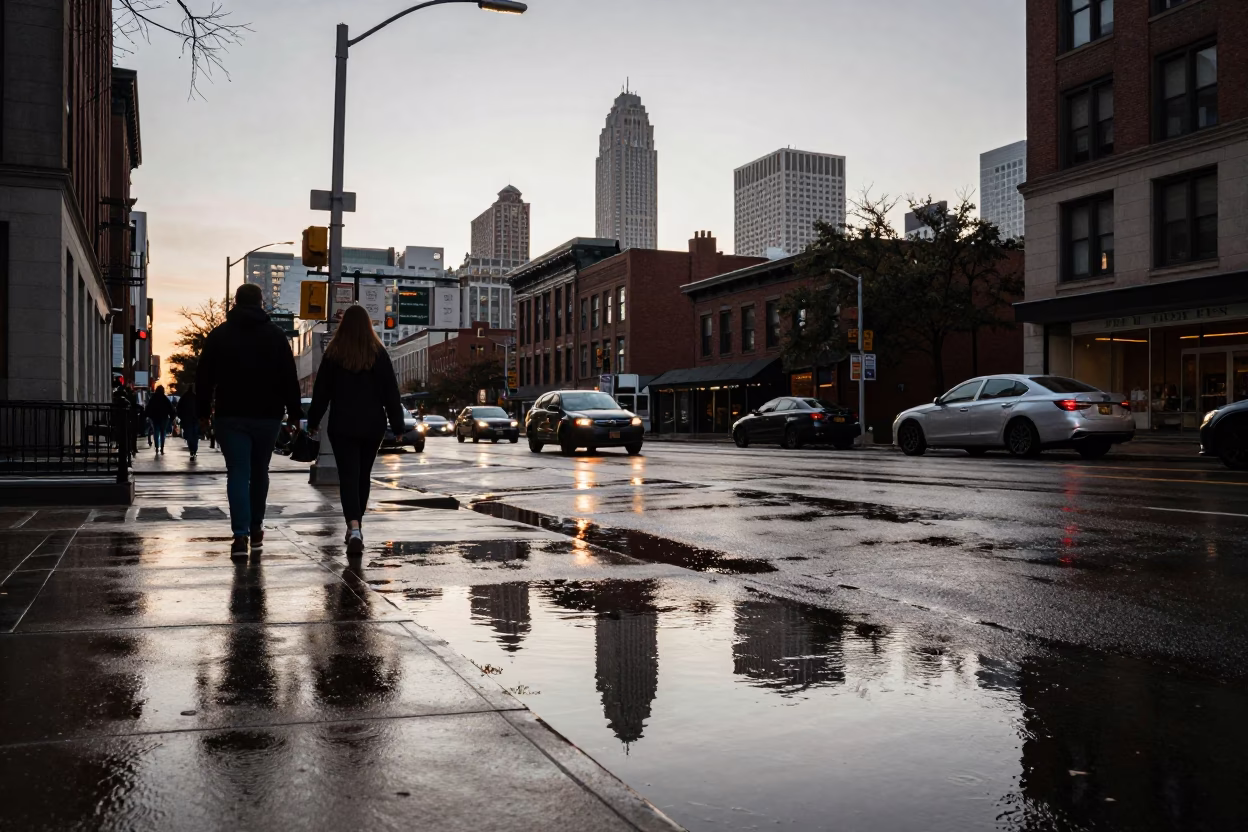 Chicago Late Afternoon Street Scene with Wet Puddles and Urban Reflections in in Chicago, Illinois, United States