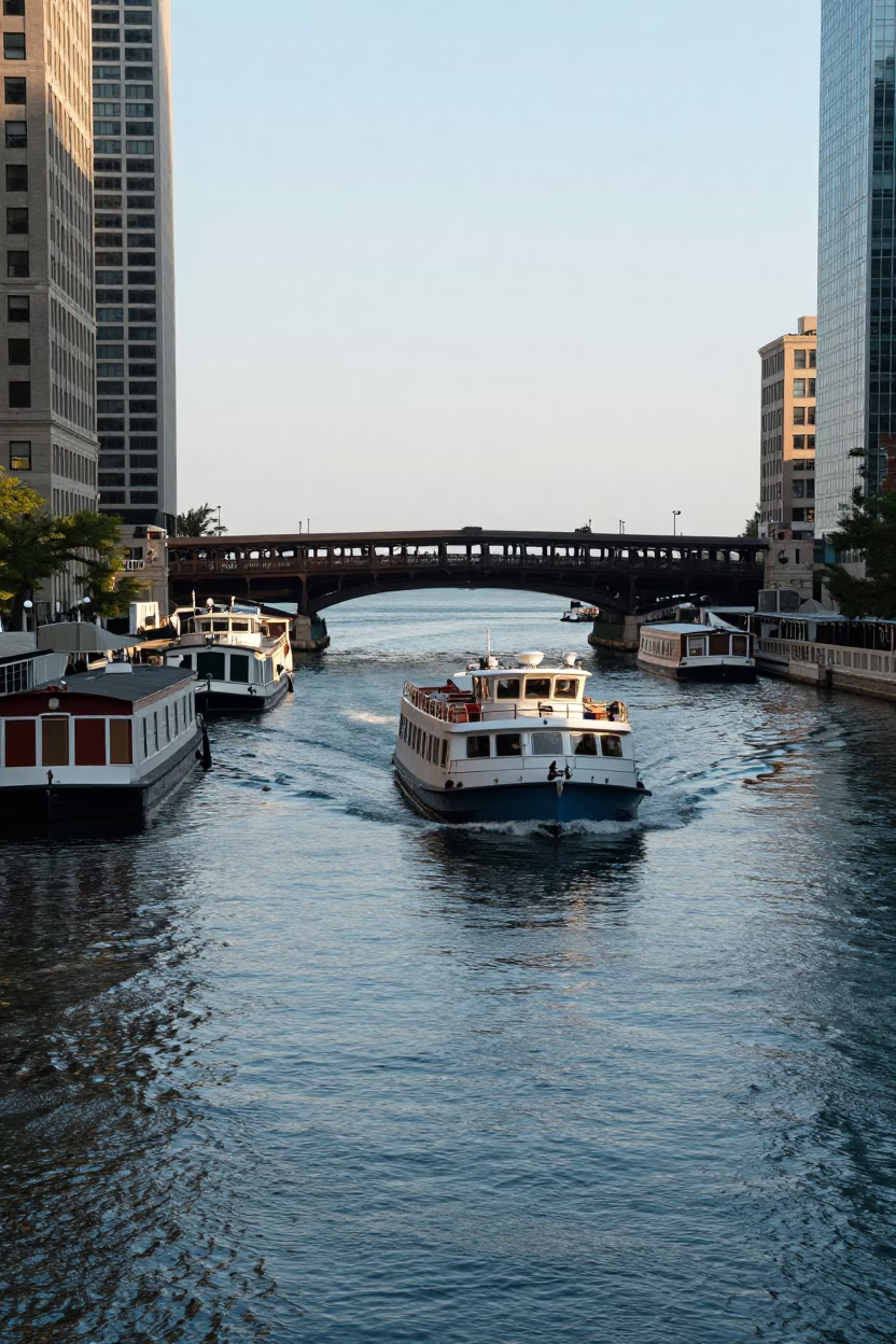 Chicago Late Afternoon Water Taxi Navigating Canal Houseboats Urban River Scene in in Chicago, Illinois, United States