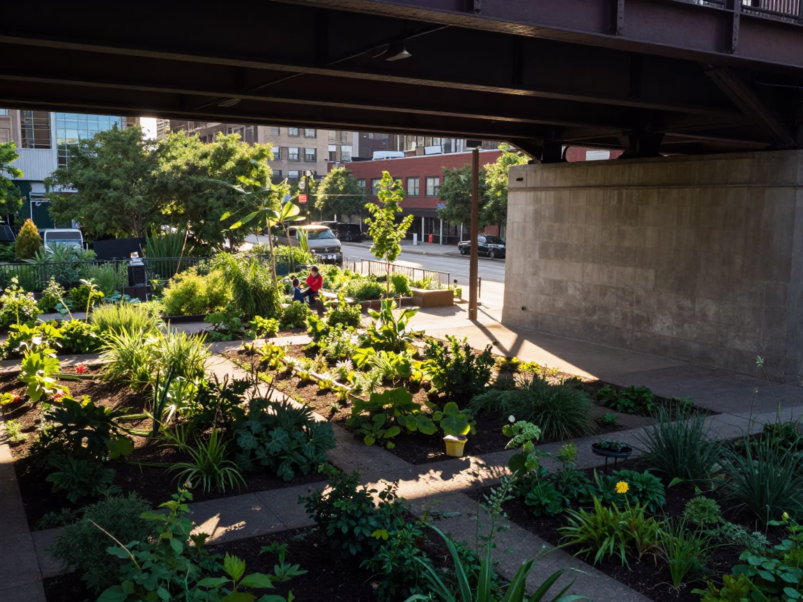 Chicago Late Morning Street Scene with Viaduct Shadow and Allotment Gardens in in Chicago, Illinois, United States