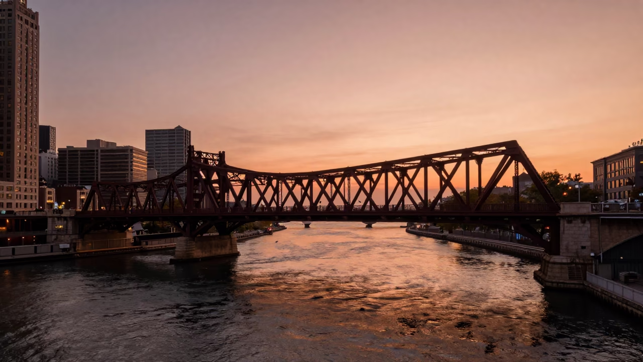 Chicago Loop Bridge Rising Over River in Copper Dusk Light in in Chicago, Illinois, United States