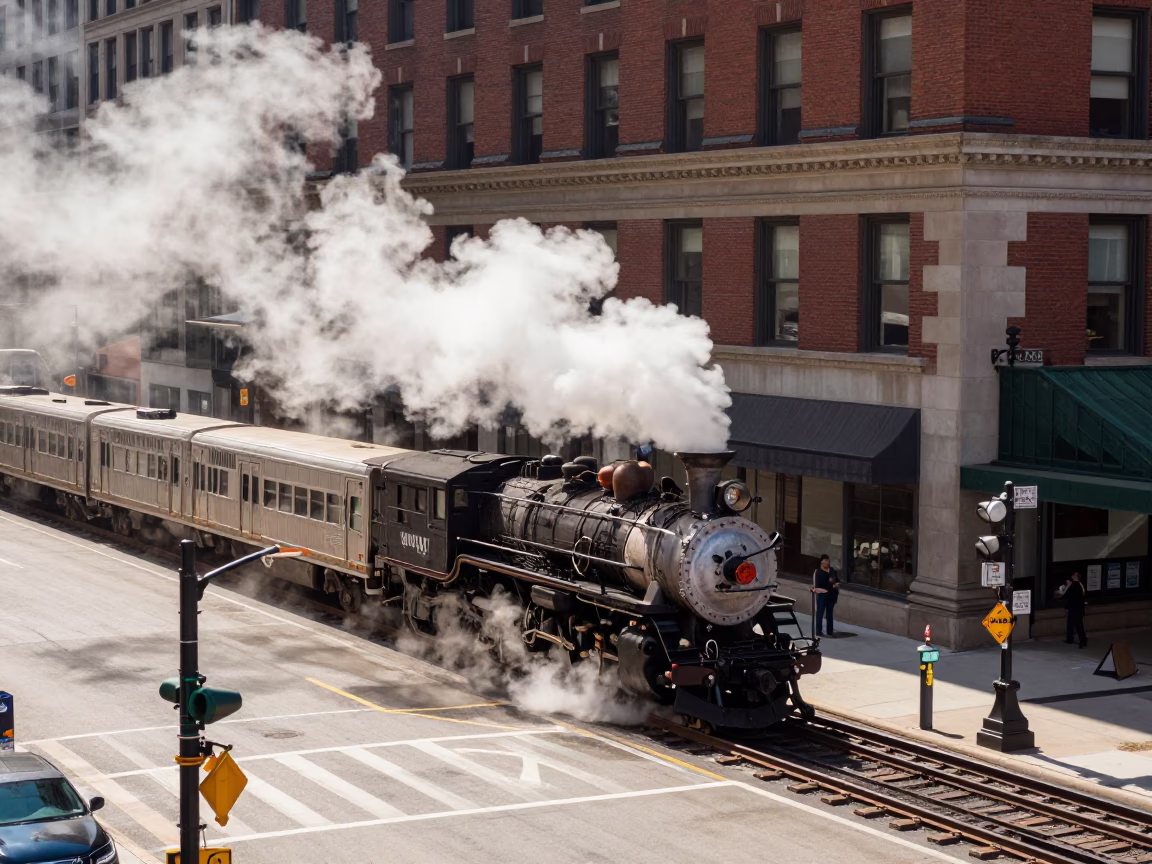 Chicago Midday L train steam and urban architecture realism in in Chicago, Illinois, United States