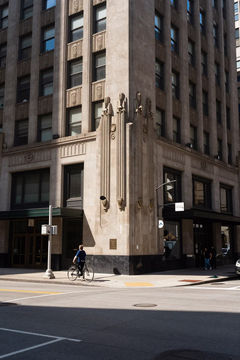 Chicago Midday Street Scene with Art Deco Hotel Facade and Bicycle Basket in in Chicago, Illinois, United States