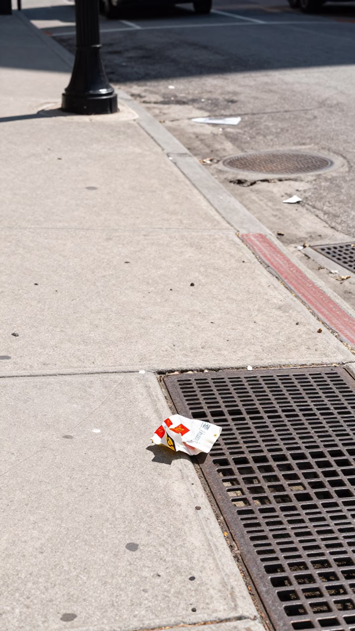 Chicago Midday Street Scene with Trash and Urban Debris Details in in Chicago, Illinois, United States