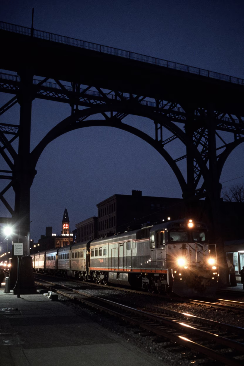 Chicago Midnight Railway Viaduct Arch with Passing Train and Urban Drain Shadows in in Chicago, Illinois, United States