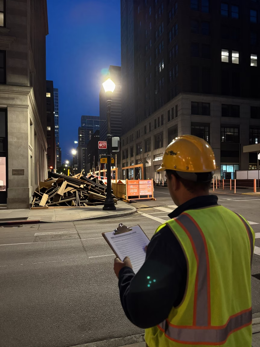 Chicago Midnight Street Scene with Clipboard and Construction Pile Driver in in Chicago, Illinois, United States