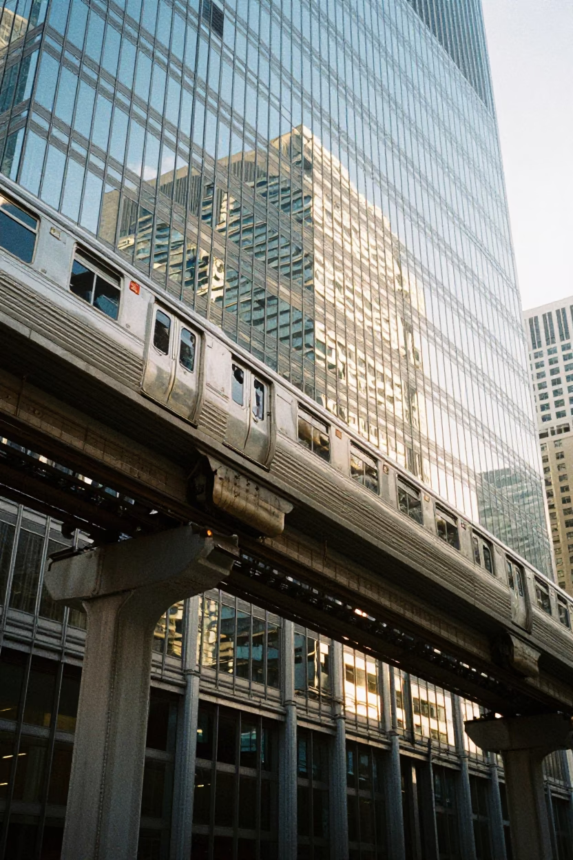 Chicago Monorail Reflection in Glass Skyscraper Early Afternoon Cityscape in in Chicago, Illinois, United States