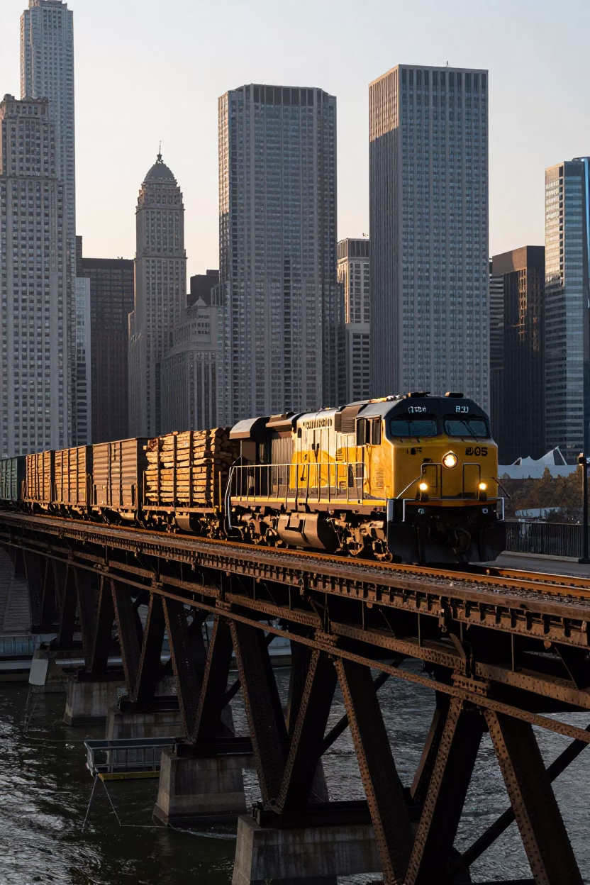 Chicago Morning Light on Lumber Train Crossing Trestle Bridge in in Chicago, Illinois, United States