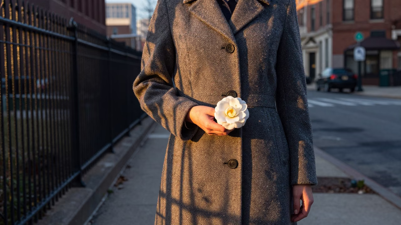 Chicago Nautical Dawn Camellia and Substation Fence Dewy Urban Scene in in Chicago, Illinois, United States