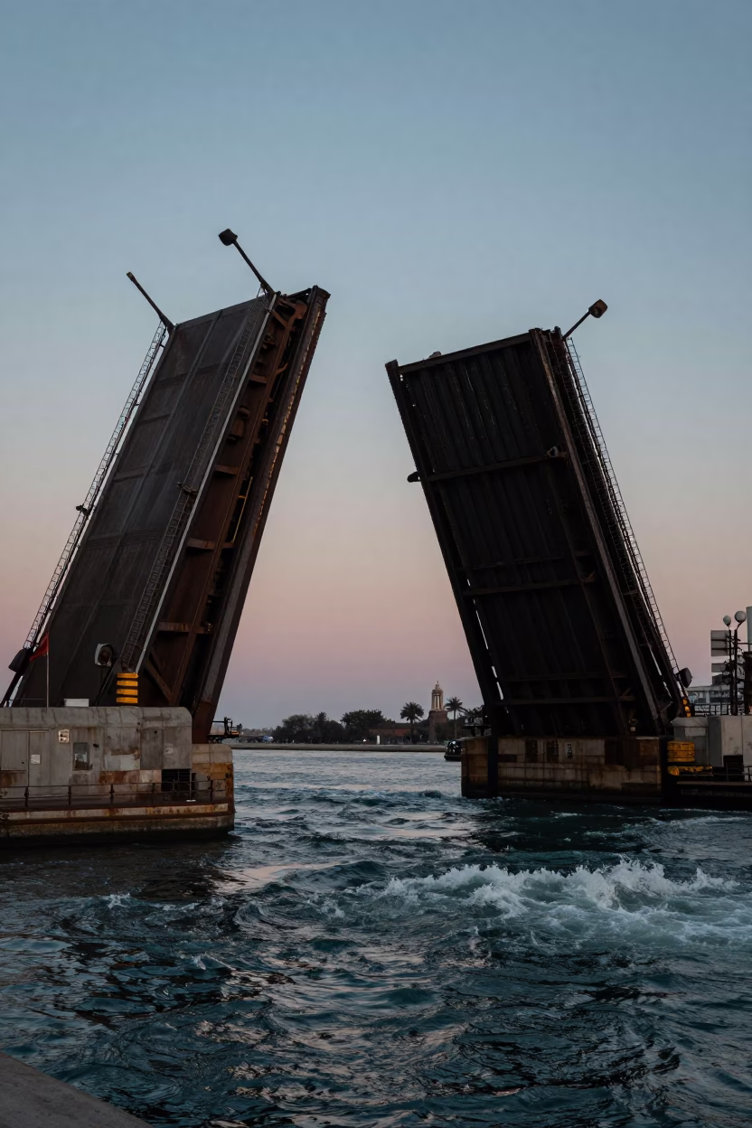 Chicago Nautical Dawn Drawbridge Lifting Over Dark Tidal Channel in Illinois in in Chicago, Illinois, United States