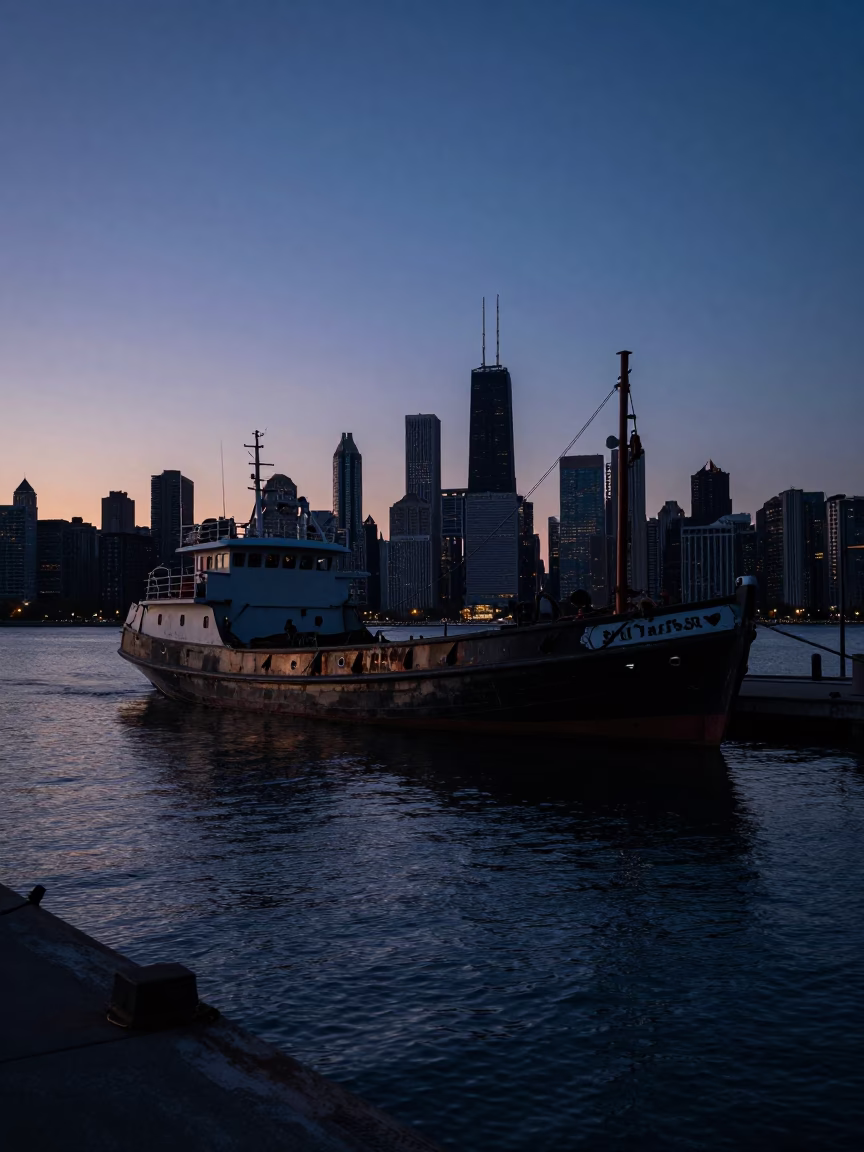 Chicago Nautical Dawn Harbor View with Junk Boat and Urban Skyline Reflections in in Chicago, Illinois, United States