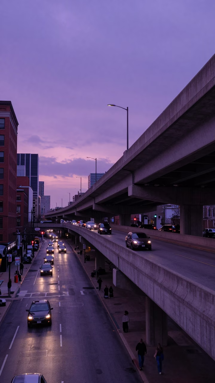 Chicago Nautical Dawn Overpass Interchange Ramp Against Violet Sky with City Street Activity in in Chicago, Illinois, United States