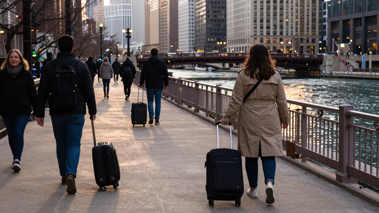 Chicago Nautical Dawn Riverwalk Pedestrians with Luggage and Urban Skyline Views in in Chicago, Illinois, United States