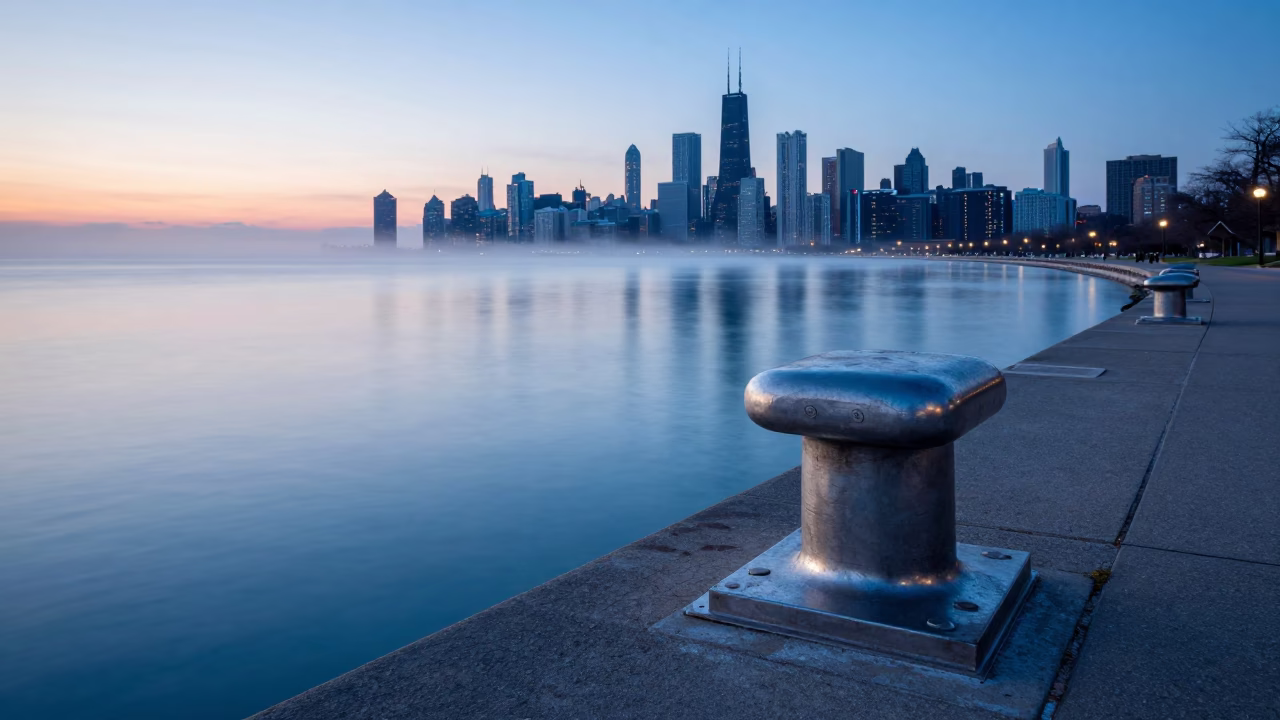 Chicago Nautical Dawn Riverwalk Steel Bollards and Misty Lake Michigan Waterfront Scene in in Chicago, Illinois, United States