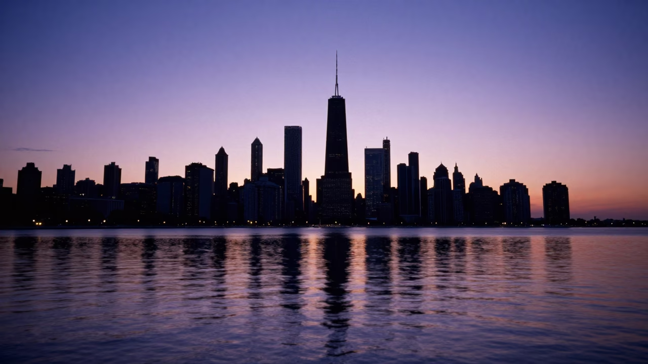 Chicago Nautical Dawn Skyline Reflections Along Lake Michigan Waterfront Path in in Chicago, Illinois, United States