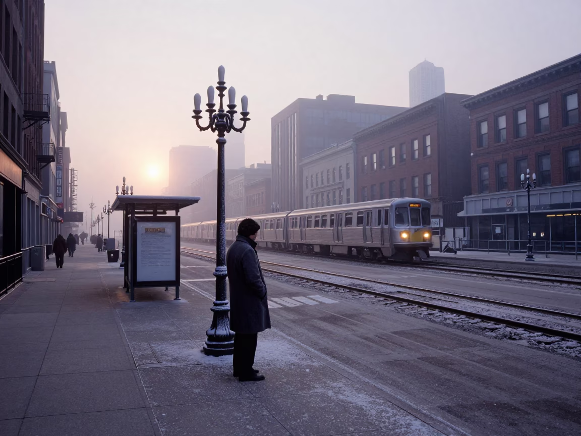 Chicago Nautical Dawn Street Scene with Candelabra and Frost in in Chicago, Illinois, United States