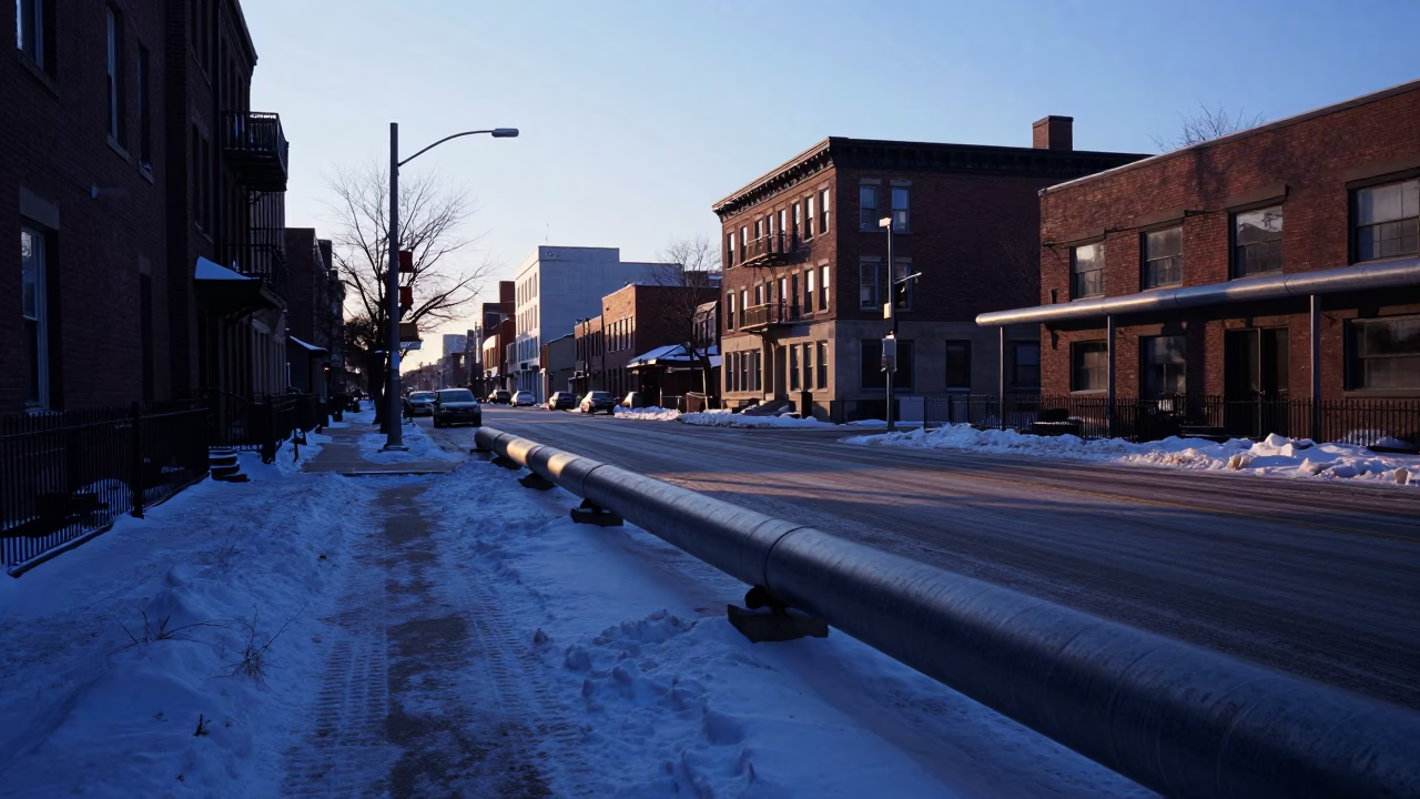 Chicago Nautical Dawn Street Scene with District Heating Pipes and Snow in in Chicago, Illinois, United States