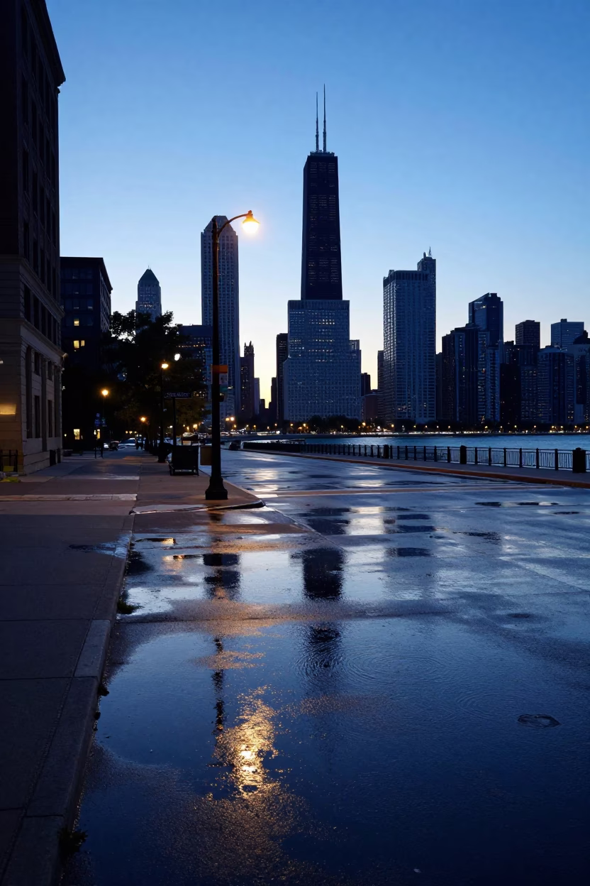 Chicago Nautical Dawn Street Scene with Grease Sheen and Urban Details in in Chicago, Illinois, United States