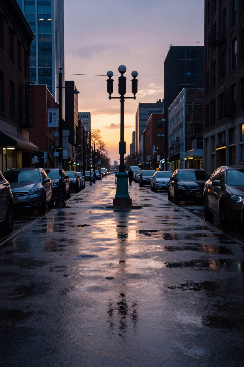 Chicago Nautical Dawn Street Scene with Substation Puddles and Urban Decay in in Chicago, Illinois, United States