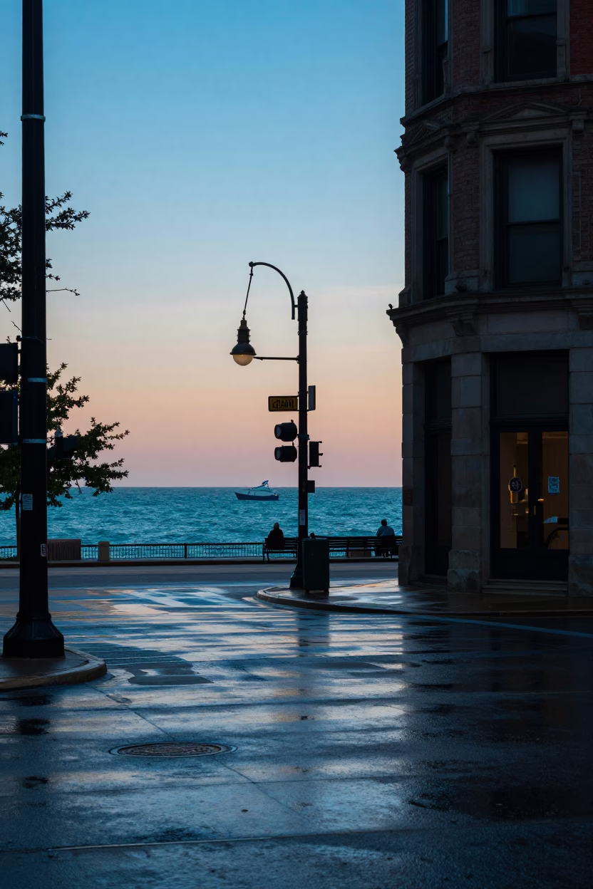 Chicago Nautical Dawn Street Scene with Vintage Elements and Local Atmosphere in in Chicago, Illinois, United States