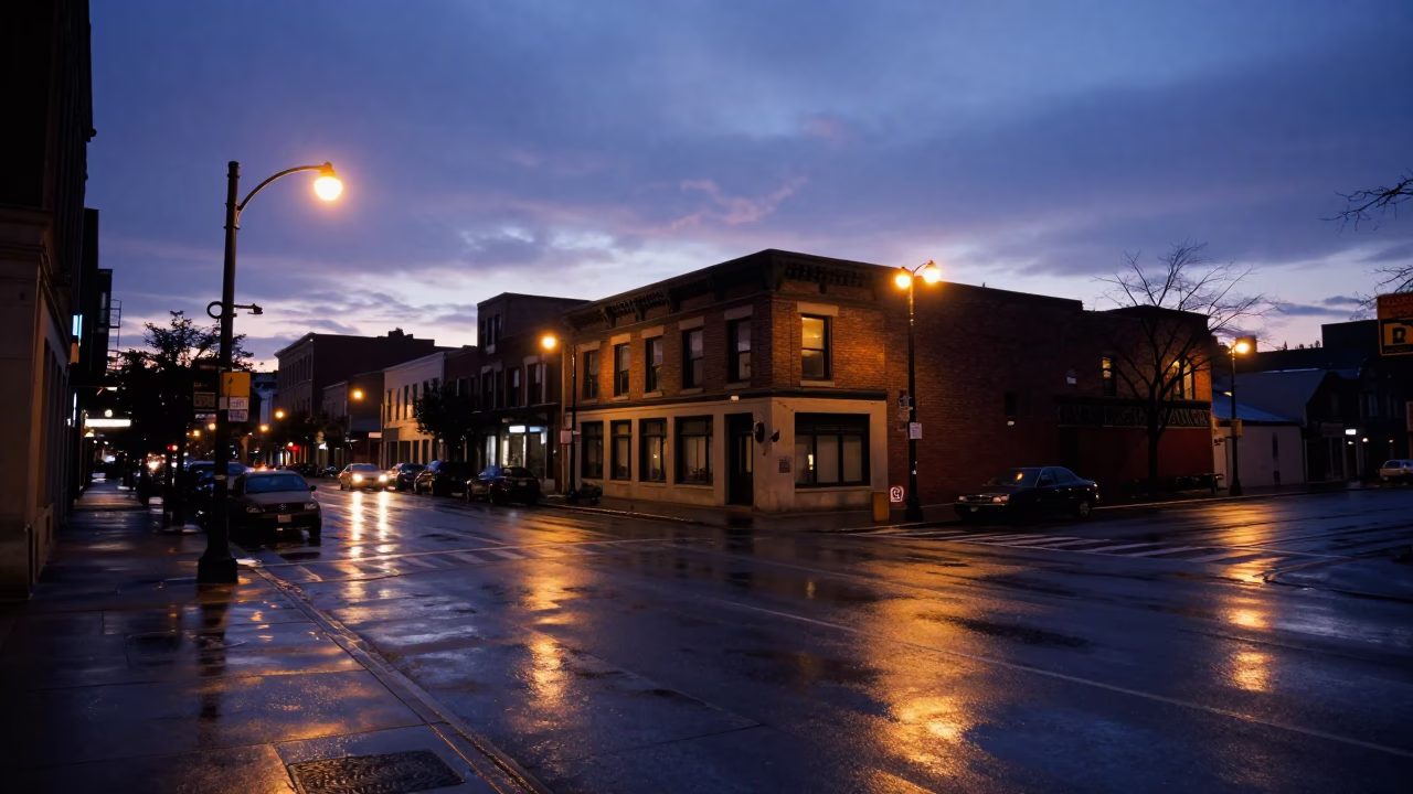 Chicago Nautical Dawn Street Scene with Wet Asphalt and City Lights in in Chicago, Illinois, United States