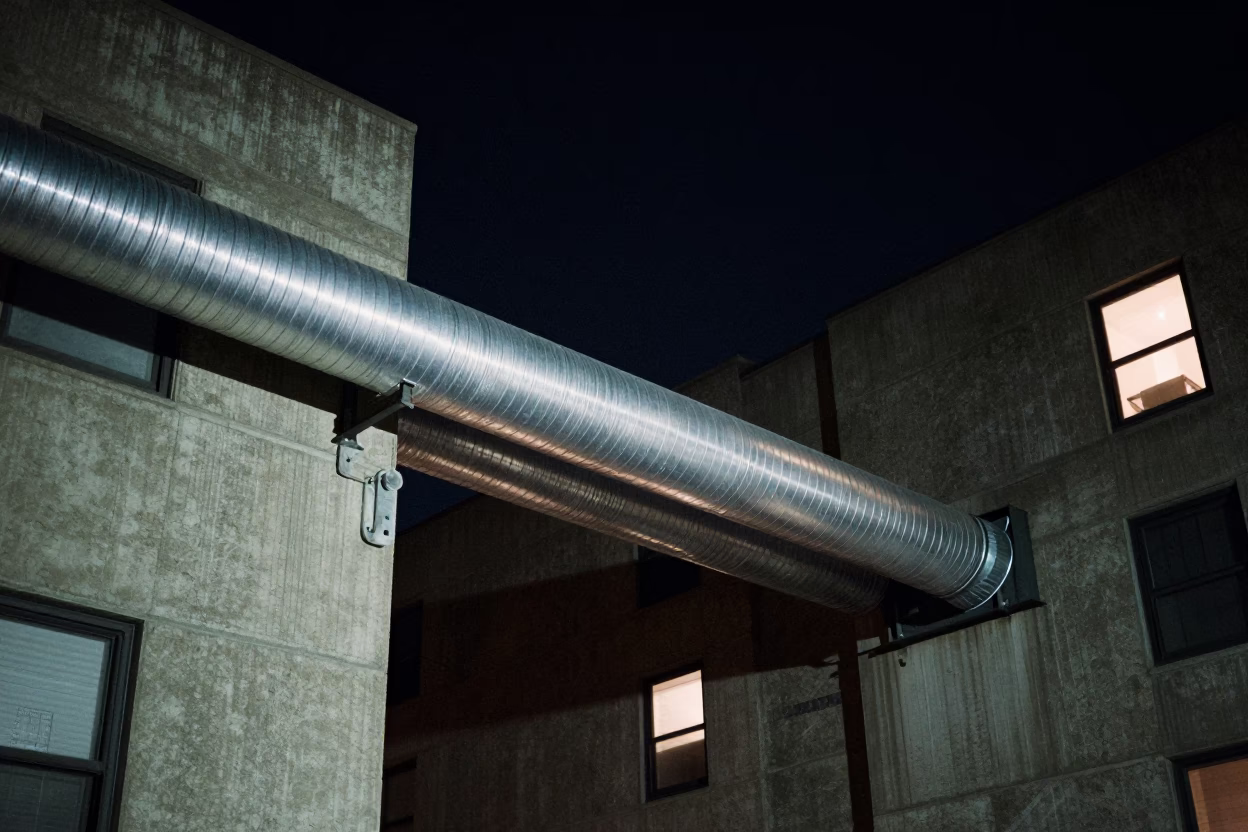 Chicago Night District Heating Pipe Crossing Concrete Apartment Blocks Deep in the Night in in Chicago, Illinois, United States