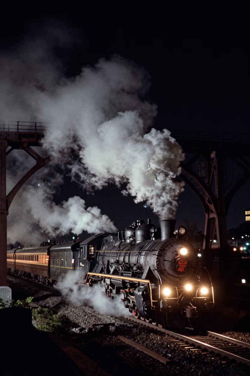 Chicago Night Railway Viaduct Steam Train Crossing Arches Deep in the Night in in Chicago, Illinois, United States