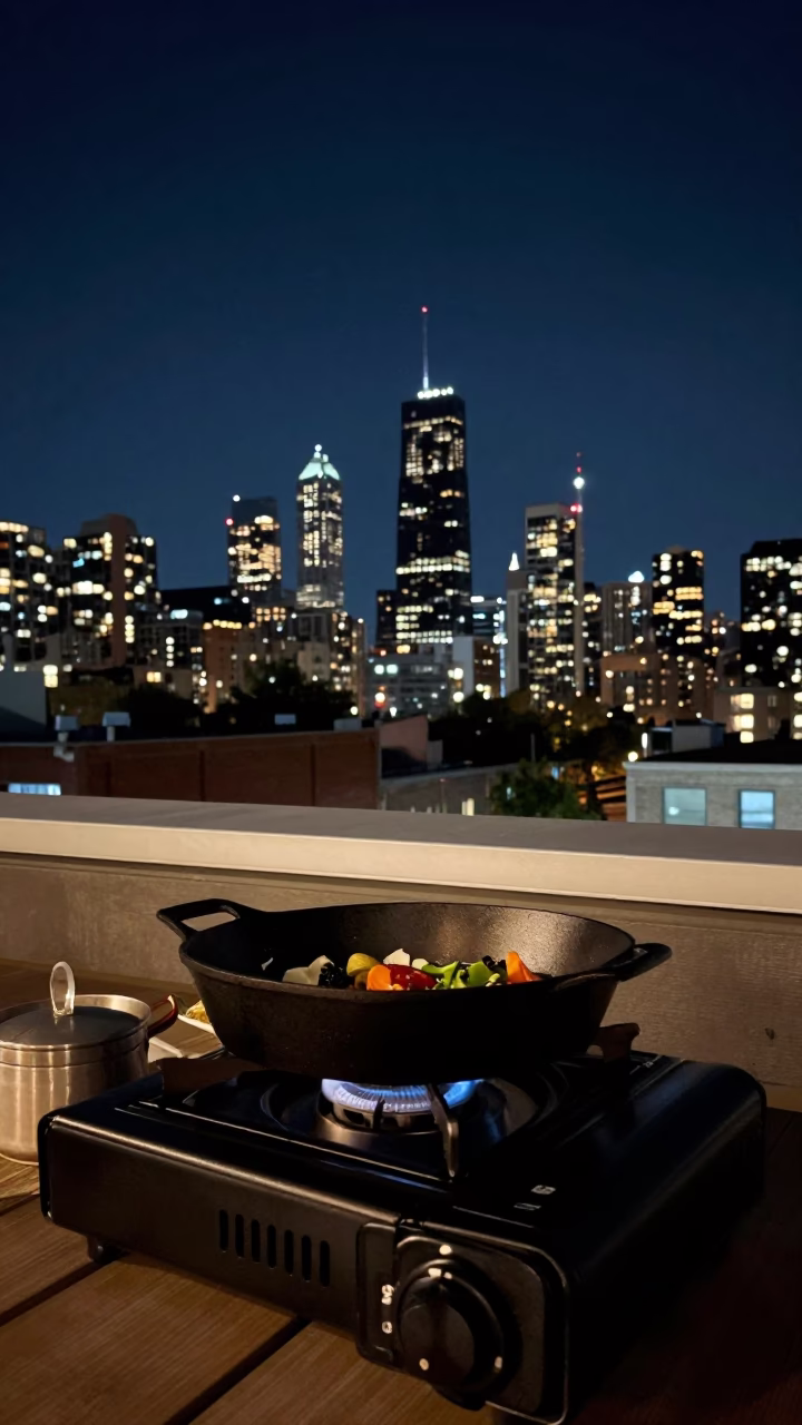 Chicago Night Sky Above Wicker Park Rooftop with Skillet and Folding Stools in in Chicago, Illinois, United States