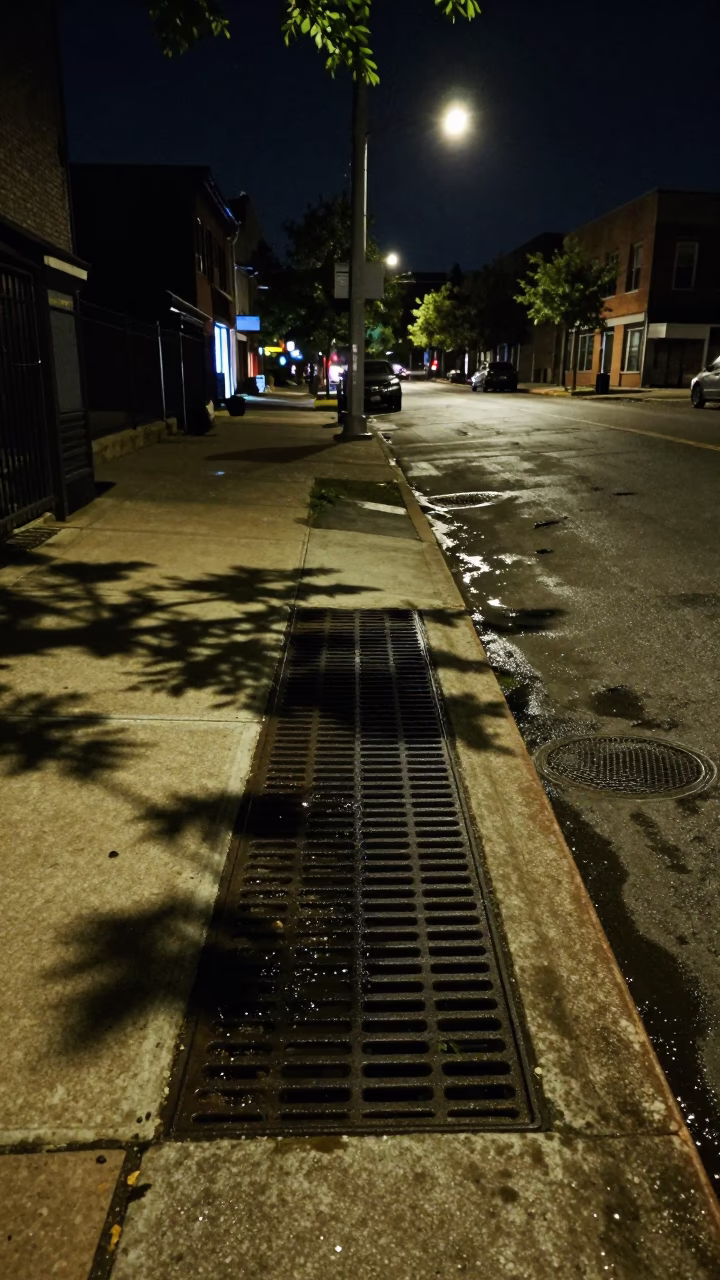 Chicago Night Street Corner with Leaf Shadows on Drain and Wax Seal Detail in in Chicago, Illinois, United States