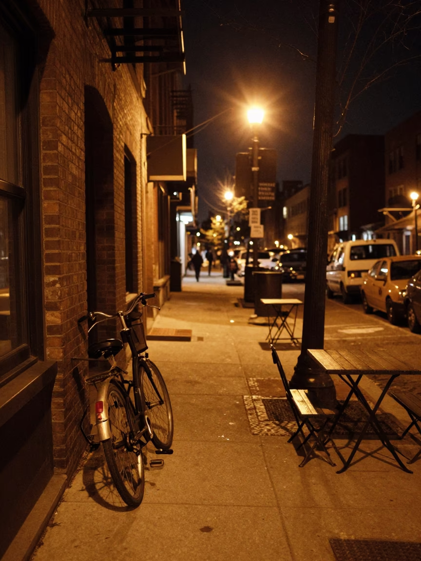 Chicago Night Street Scene with Bicycle and Folding Tables in in Chicago, Illinois, United States
