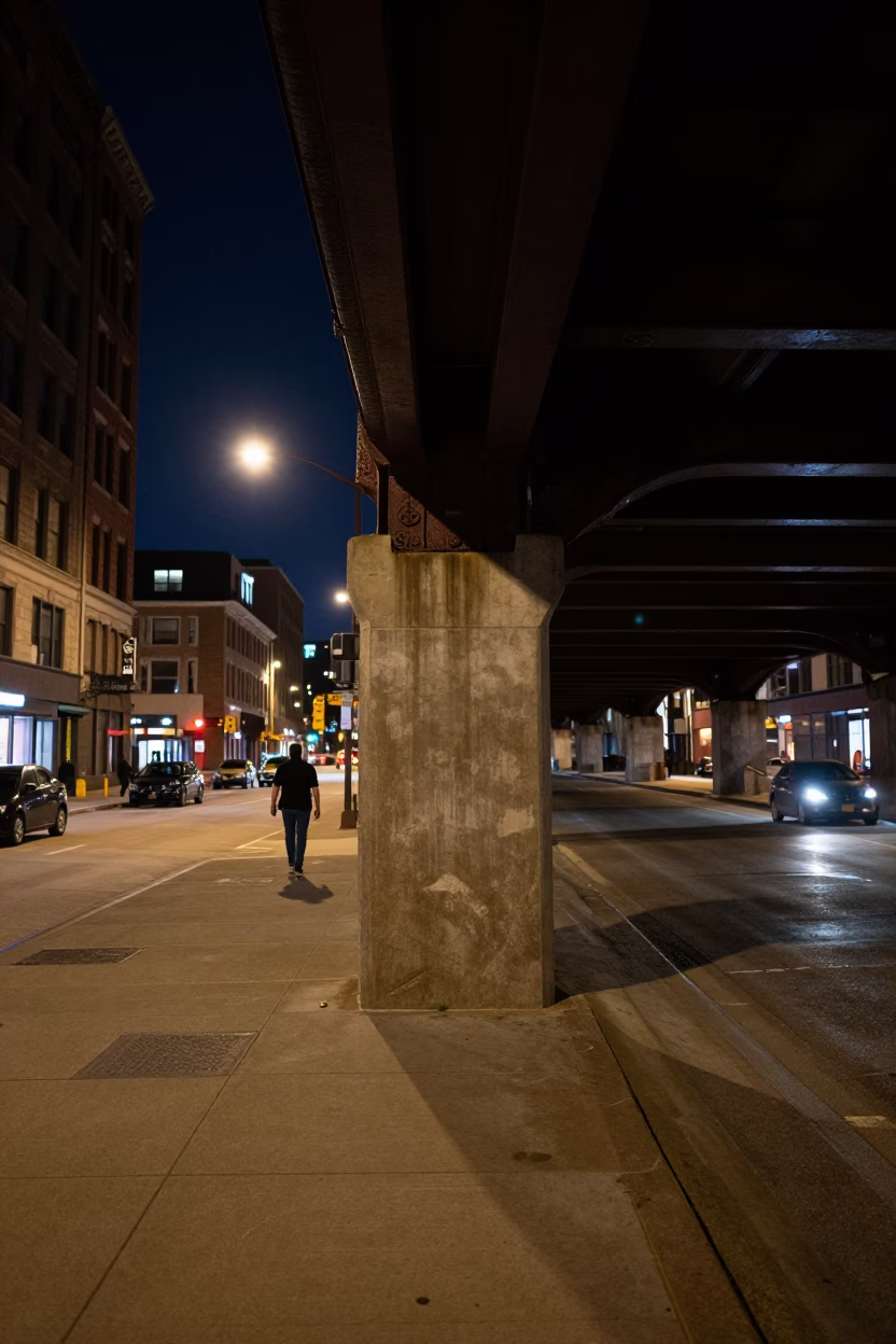 Chicago Night Street Scene with Bridge Pier and Urban Elements in in Chicago, Illinois, United States