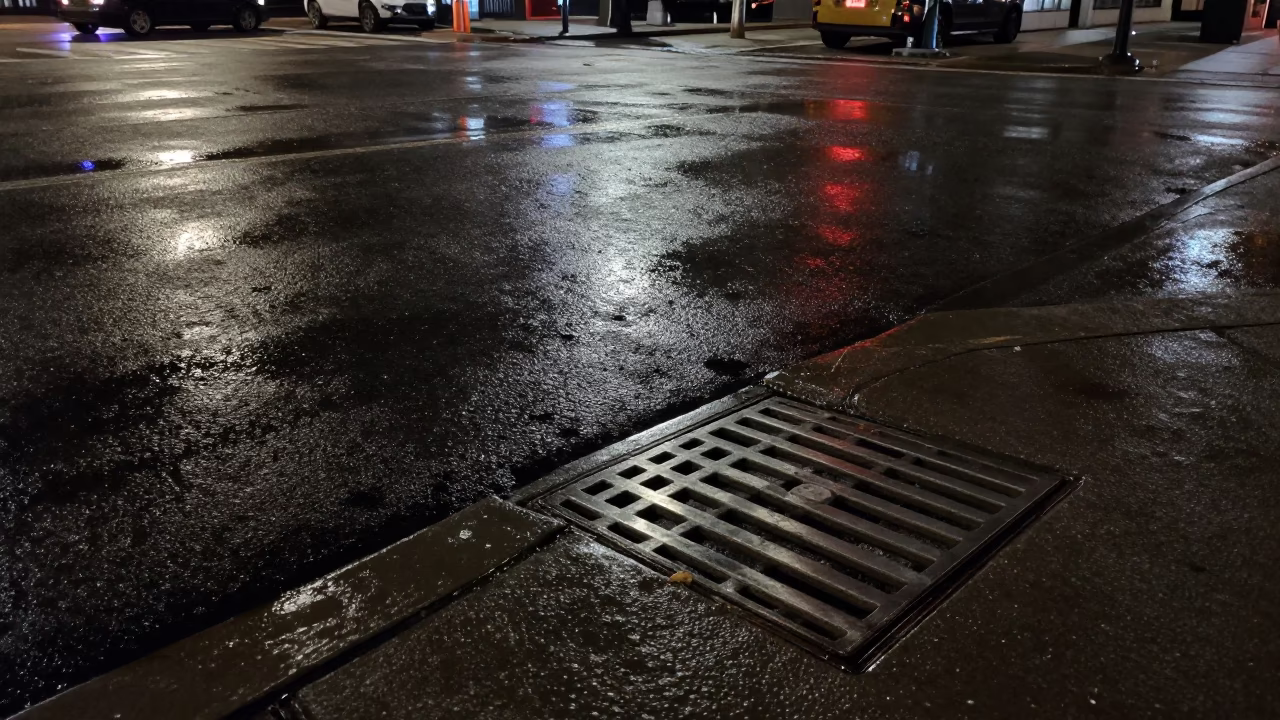 Chicago Night Street Scene with Brushed Steel Drain and Bicycle Basket in in Chicago, Illinois, United States