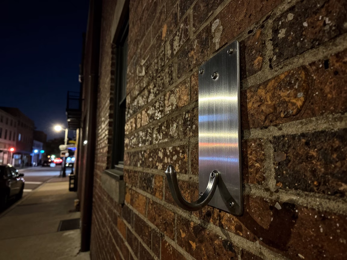 Chicago Night Street Scene with Brushed Steel Hook Plate and Wrench in Urban Alley in in Chicago, Illinois, United States