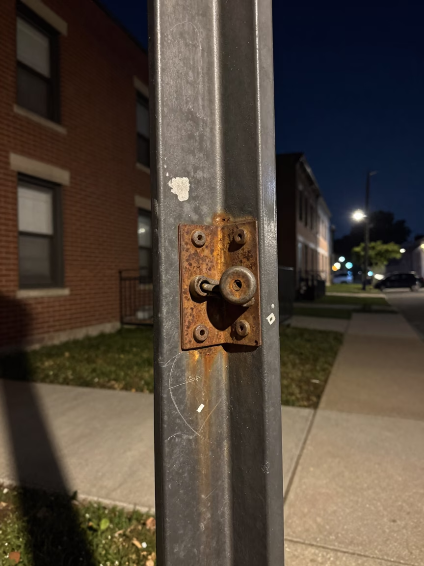 Chicago Night Street Scene with Deadbolt and Smudges on Cabinet Door in in Chicago, Illinois, United States