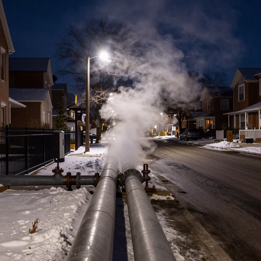 Chicago Night Street Scene with District Heating Pipes and Snow in in Chicago, Illinois, United States